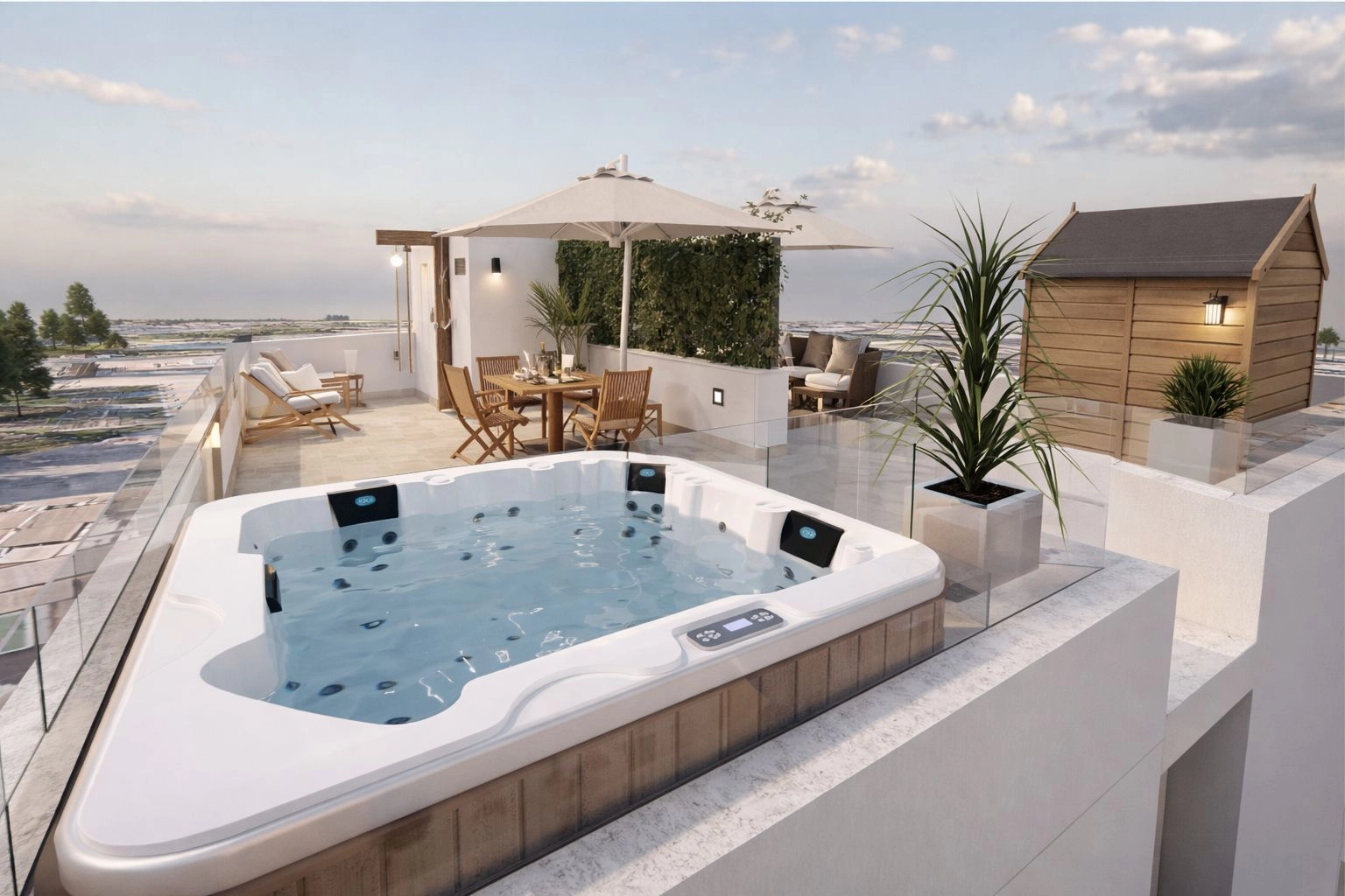 Stellen Sie sich vor, Sie entspannen sich in Ihrem privaten Whirlpool mit Blick über die Dächer.
