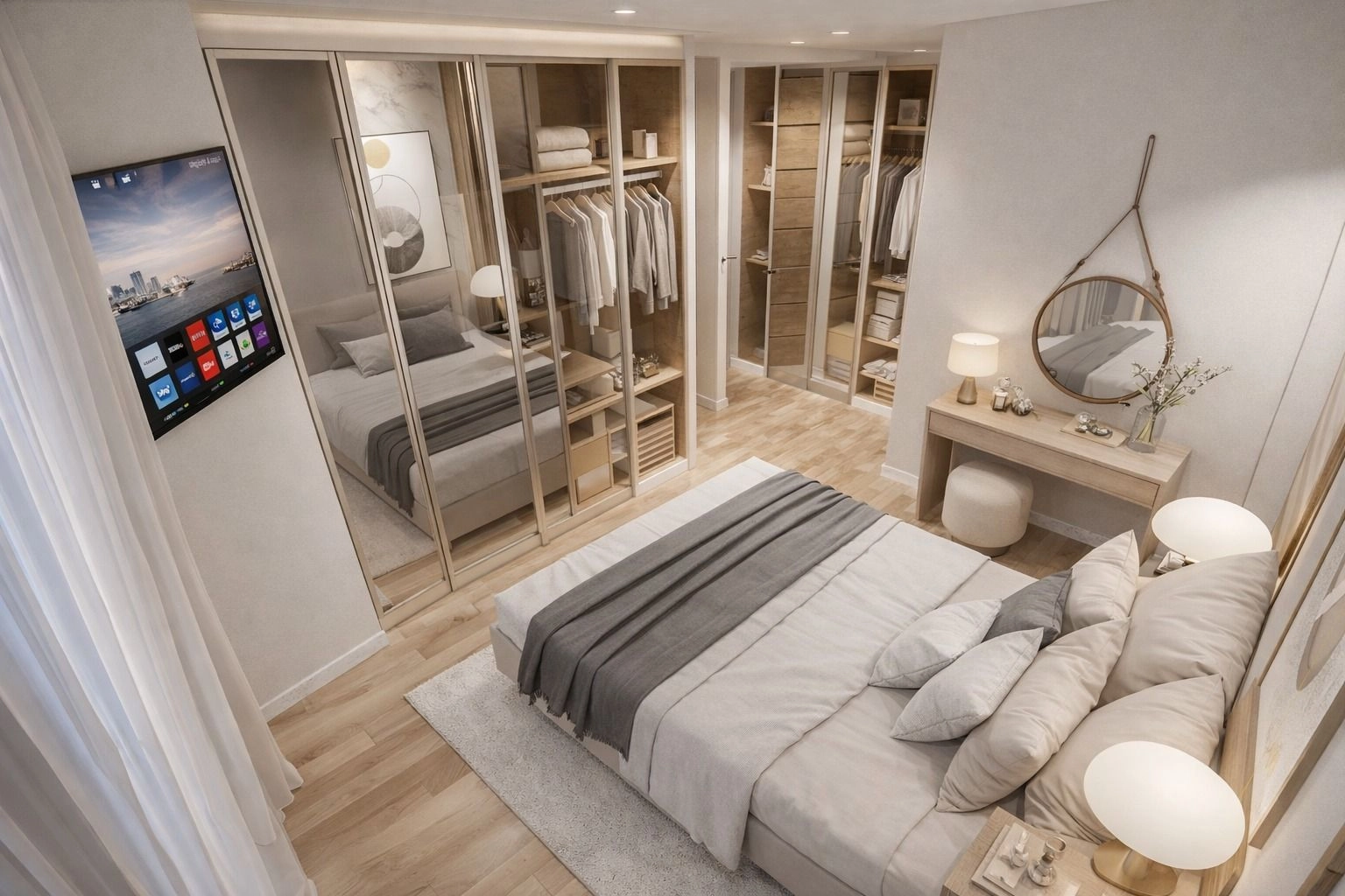 Ein ruhiges Schlafzimmer mit viel Schrankraum für ultimative Organisation.