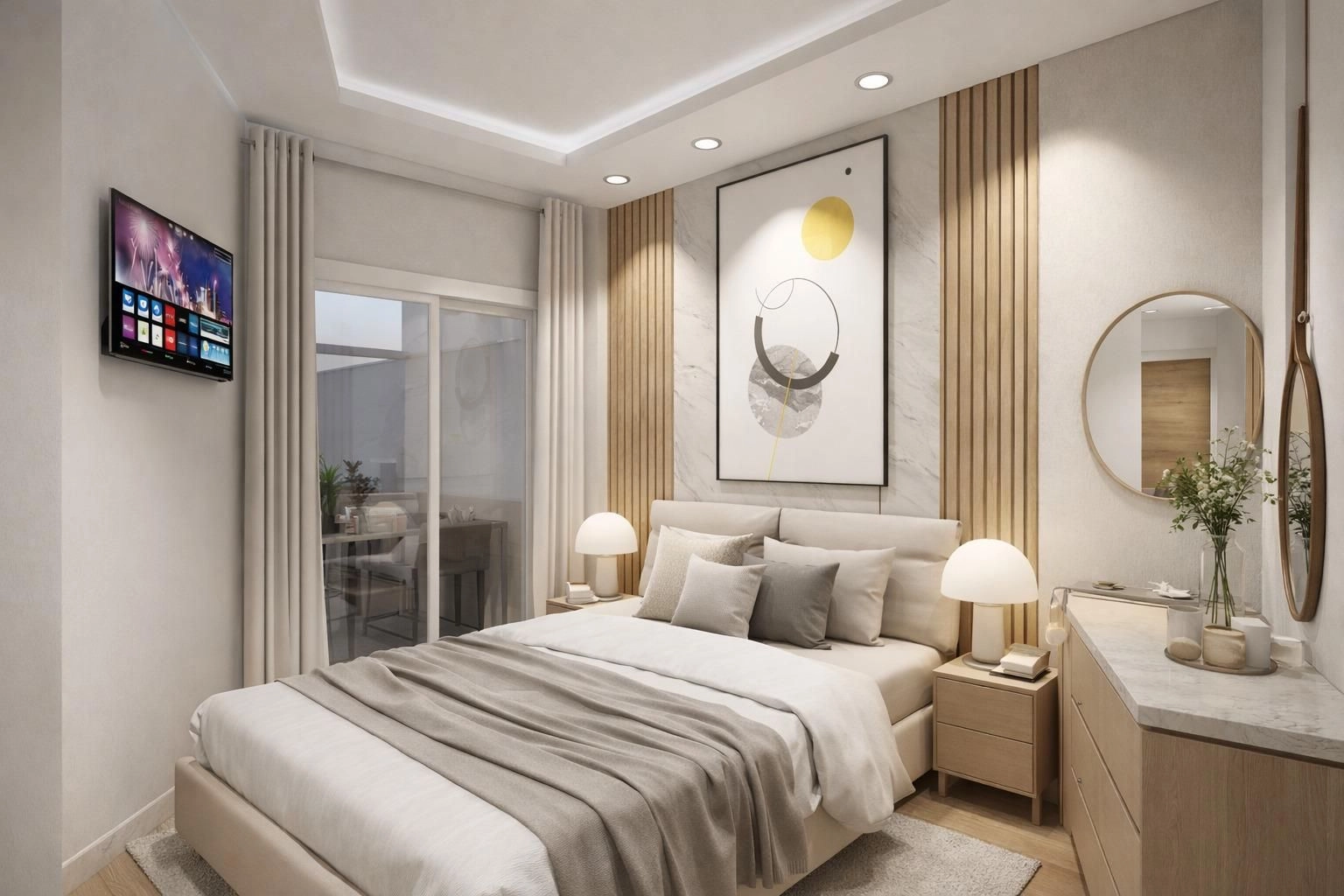 Ein friedlicher Schlafzimmer-Rückzugsort mit direktem Zugang zu einem privaten Außenbereich.
