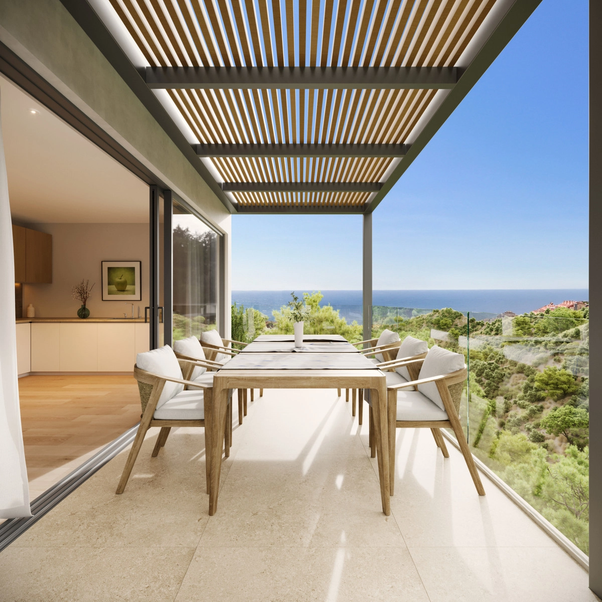 Speisen Sie mit Familie und Freunden auf Ihrer privaten Terrasse und genießen Sie dabei den Meerblick.