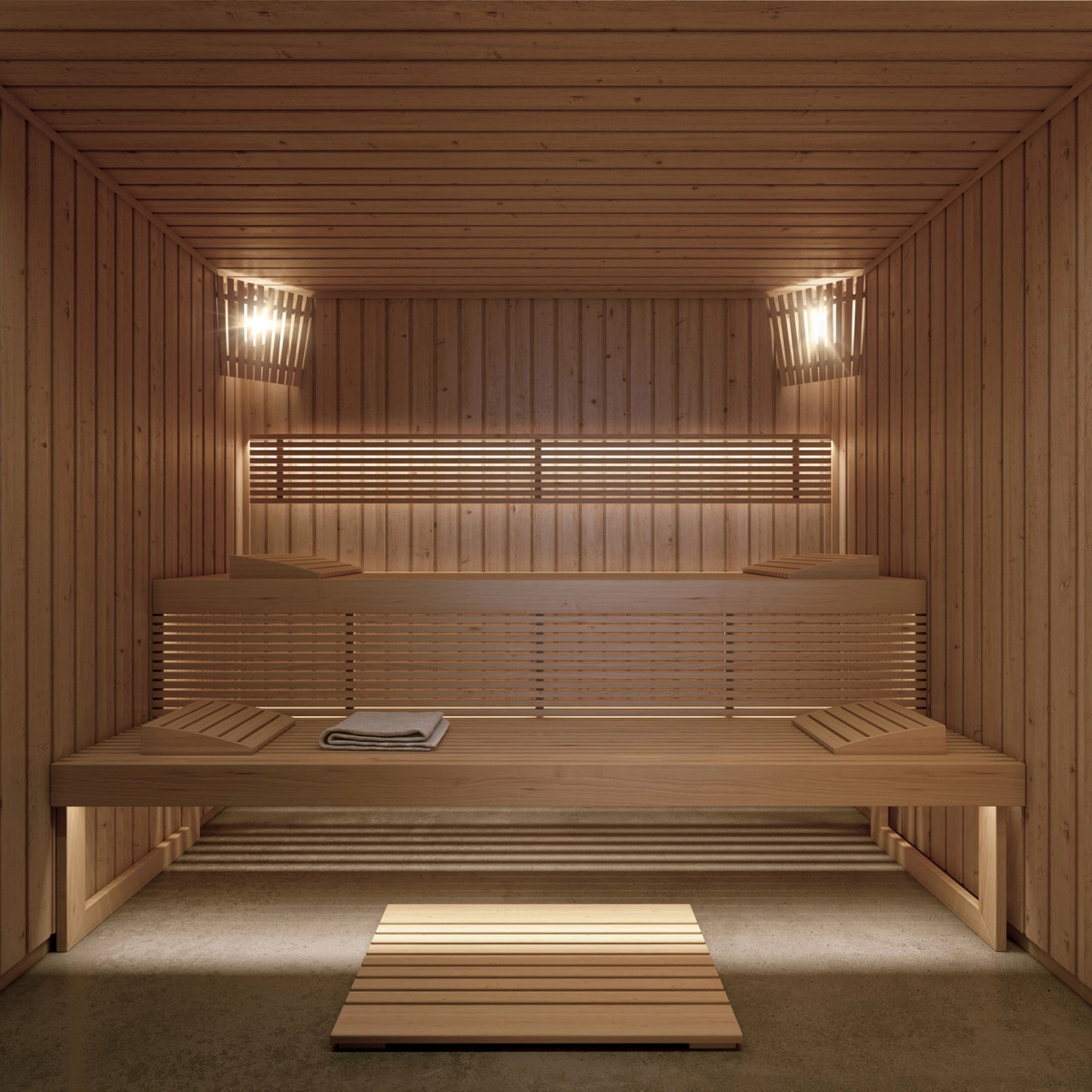 Entspannen Sie sich in der privaten, holzvertäfelten Sauna der Gemeinschaft.