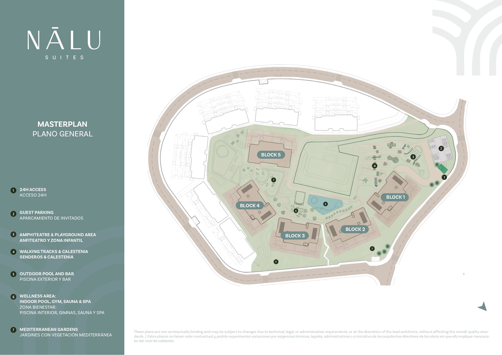 Der Masterplan der Gemeinschaft, der die Anordnung von Gebäuden, Gärten, Pools und Wellnessbereichen zeigt.