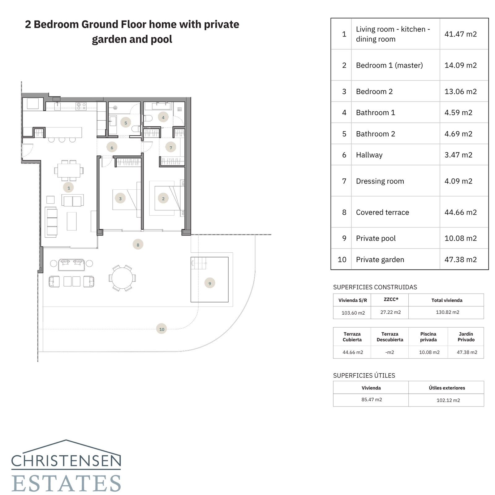 Ein großzügiger Grundriss mit zwei Schlafzimmern im Erdgeschoss, ausgestattet mit einem weitläufigen privaten Garten und Schwimmbad.