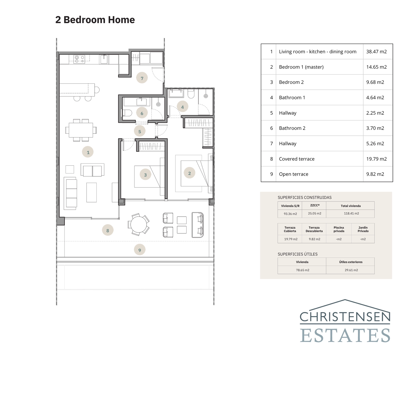 Ein effizienter und eleganter Grundriss mit zwei Schlafzimmern, konzipiert für Komfort und modernes Wohnen.