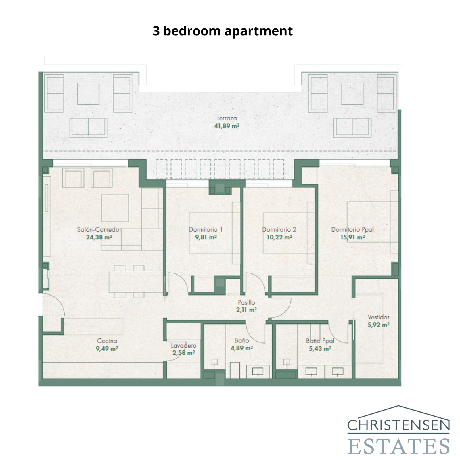 Dieser Grundriss mit drei Schlafzimmern bietet großzügigen Wohnraum, der nahtlos an eine große Terrasse anschließt und so ideales Wohnen im Innen- und Außenbereich ermöglicht.