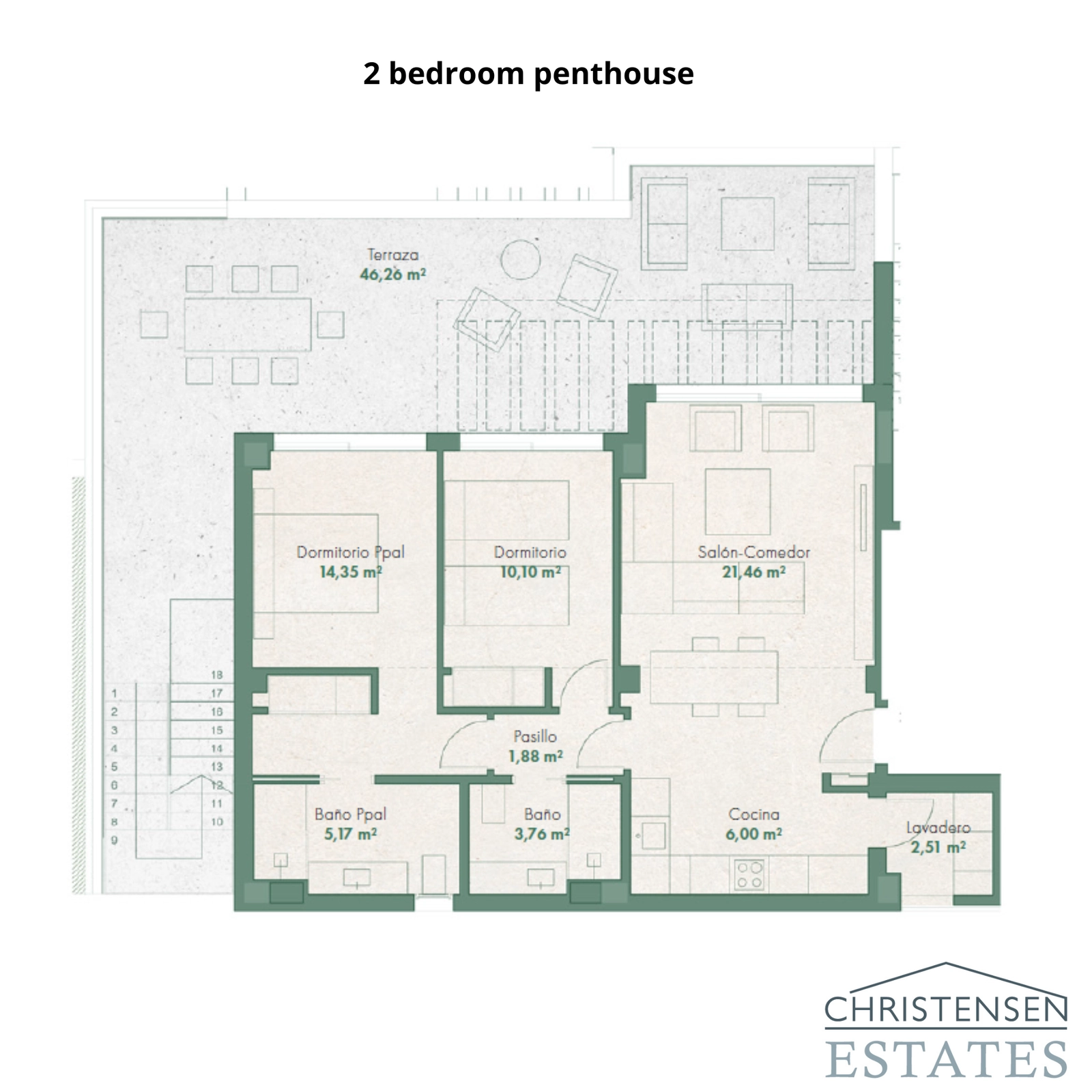 Ein durchdachter Grundriss einer Dachgeschosswohnung mit zwei Schlafzimmern, der Komfort und Stil mit einer weitläufigen privaten Terrasse bietet.