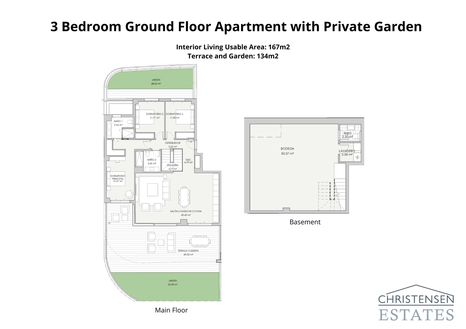Grundriss einer Drei-Schlafzimmer-Erdgeschosswohnung mit großzügigem Innenraum, einer großen Terrasse, privatem Garten und einem vielseitigen Untergeschoss.