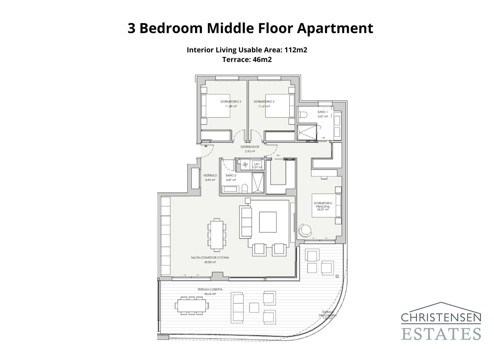 Der Grundriss einer Drei-Schlafzimmer-Wohnung, entworfen mit einem offenen Wohnbereich, der auf eine geräumige überdachte Terrasse führt, für optimales Wohnen im Innen- und Außenbereich.