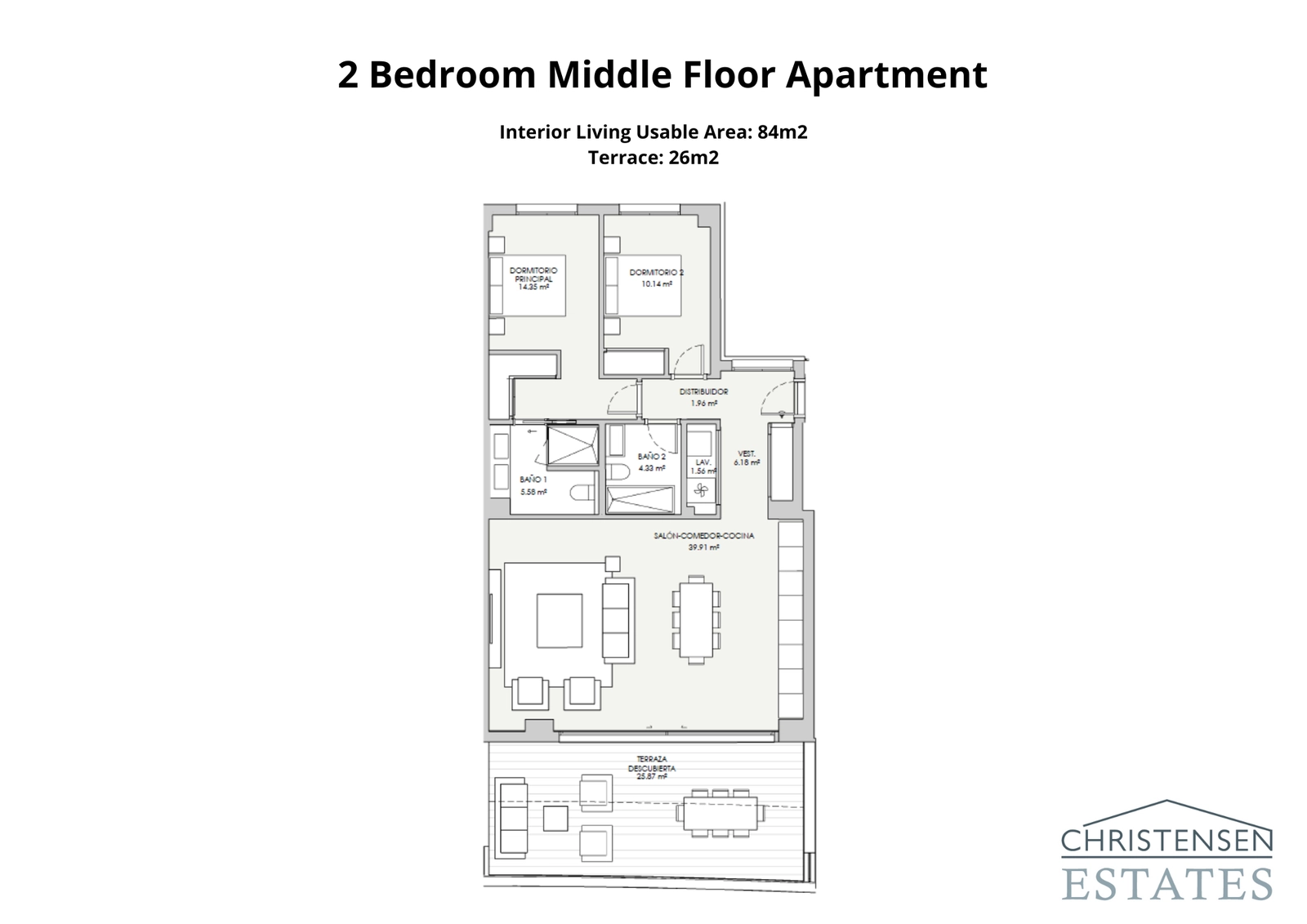 Dieser Zwei-Schlafzimmer-Wohnungsgrundriss ist auf Komfort und Funktionalität ausgelegt, mit einem hellen Wohnbereich und einer privaten Terrasse, um das angenehme Klima zu genießen.