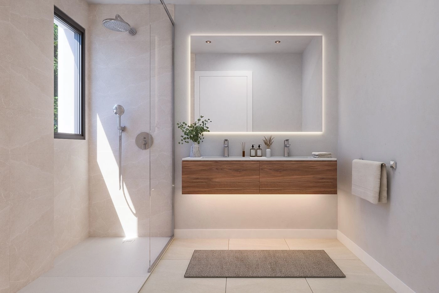 Ein modernes und stilvolles Badezimmer mit hochwertiger Ausstattung, einer begehbaren Dusche und schönem Tageslicht.