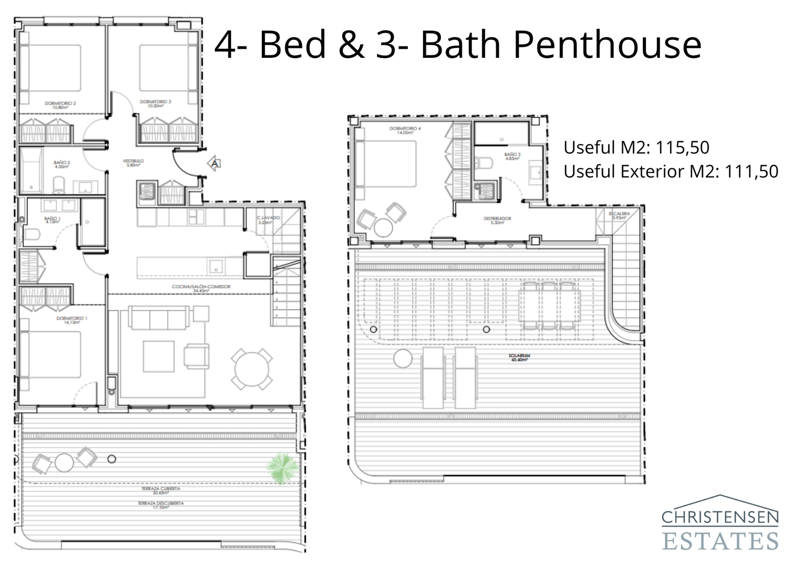 Dieser Grundriss eines Penthouses mit vier Schlafzimmern zeigt einen weitläufigen Wohnbereich, großzügige Schlafzimmer und ein spektakuläres Dachsolarium für den ultimativen privaten Rückzugsort.