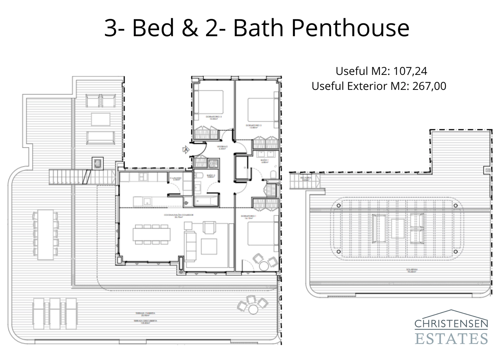 Der Grundriss für das Penthouse mit drei Schlafzimmern, der eine intelligente Raumaufteilung, große Terrassen und ein privates Solarium zum Sonnenbaden zeigt.