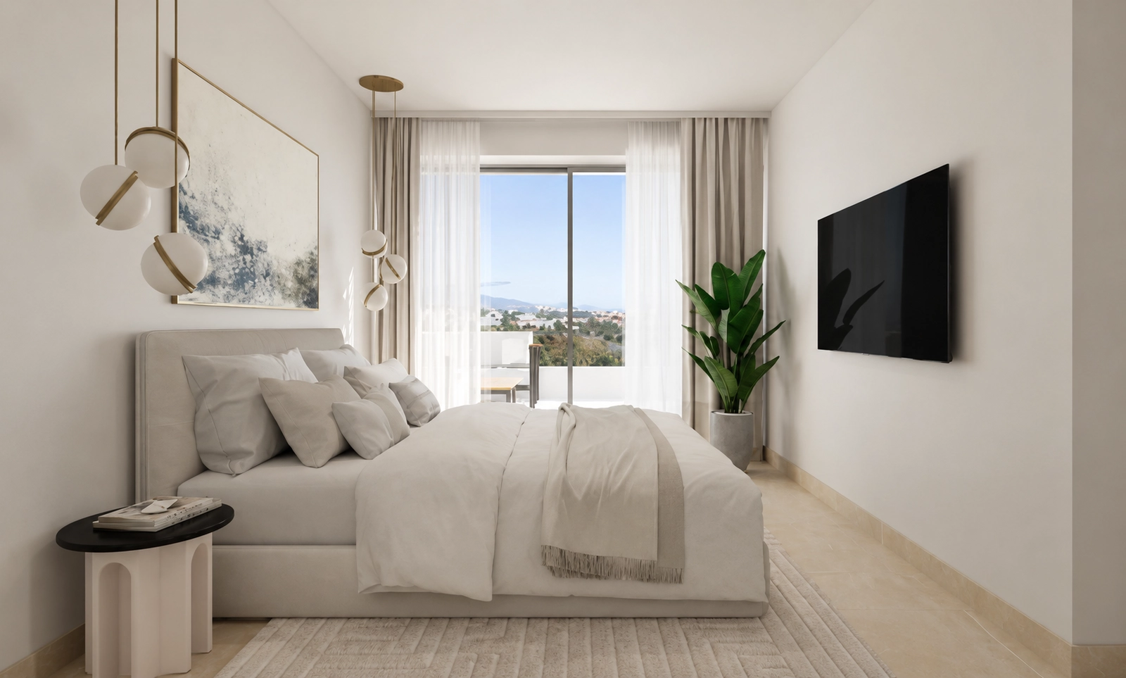 Ein ruhiges und geräumiges Hauptschlafzimmer mit direktem Zugang zu einer privaten Terrasse, das einen persönlichen Raum für Ruhe und Entspannung bietet.