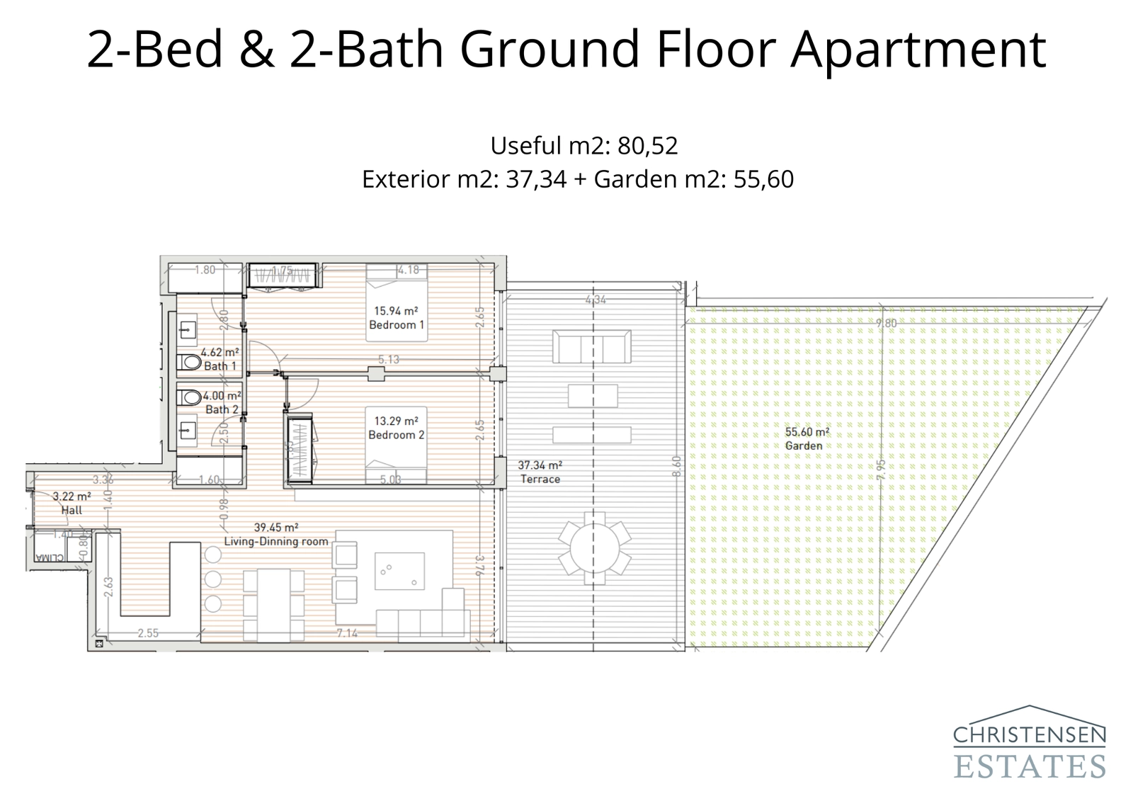 Dieses Zwei-Schlafzimmer-Erdgeschoss-Wohnung verfügt über eine clevere Raumaufteilung, die sich auf eine großzügige Terrasse und einen privaten Garten öffnet, perfekt für Familien und Unterhaltung im Freien.