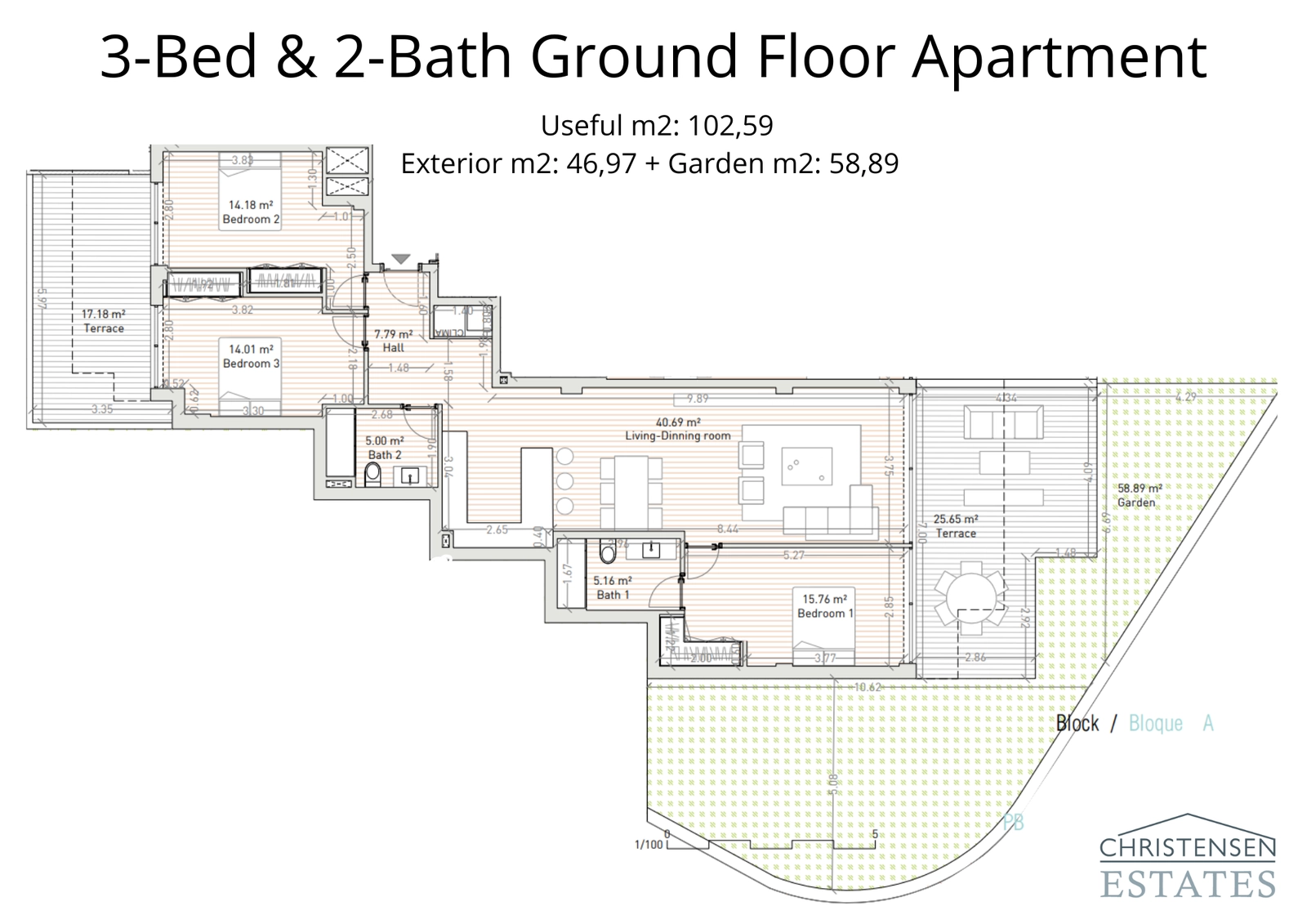 Eine geräumige Drei-Schlafzimmer-Erdgeschoss-Wohnung mit integriertem Wohnbereich, großer Terrasse und privatem Garten, die einen außergewöhnlichen Innen- und Außenlebensstil bietet.