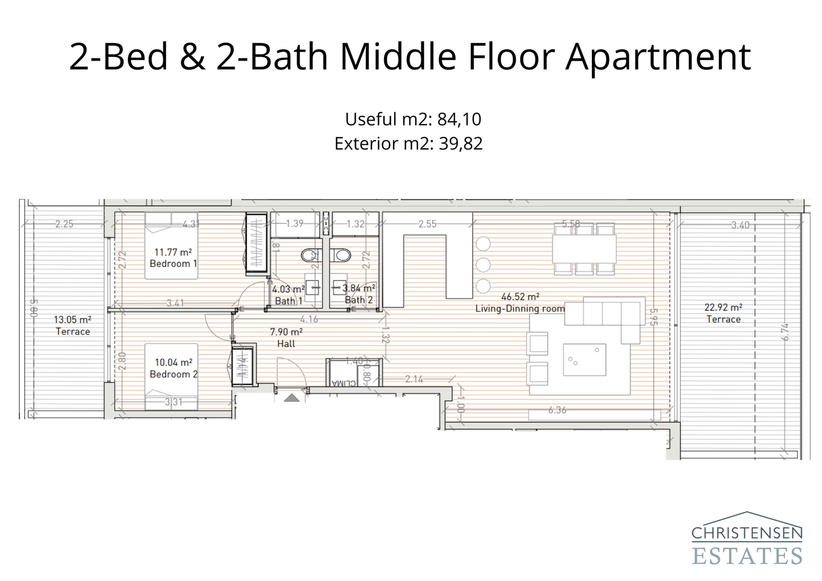 Der Grundriss dieser Zwei-Schlafzimmer-Wohnung im mittleren Stockwerk zeichnet sich durch effiziente Raumnutzung, viel Tageslicht und zwei separate Terrassen zum Genießen der Aussicht aus.