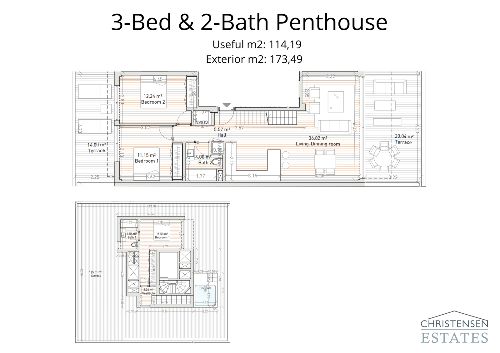 Dieser Duplex-Dachgeschosswohnung-Grundriss bietet drei Schlafzimmer und weitläufige Terrassen auf beiden Ebenen, einschließlich eines prächtigen Solariums für das ultimative Wohnerlebnis auf dem Dach.