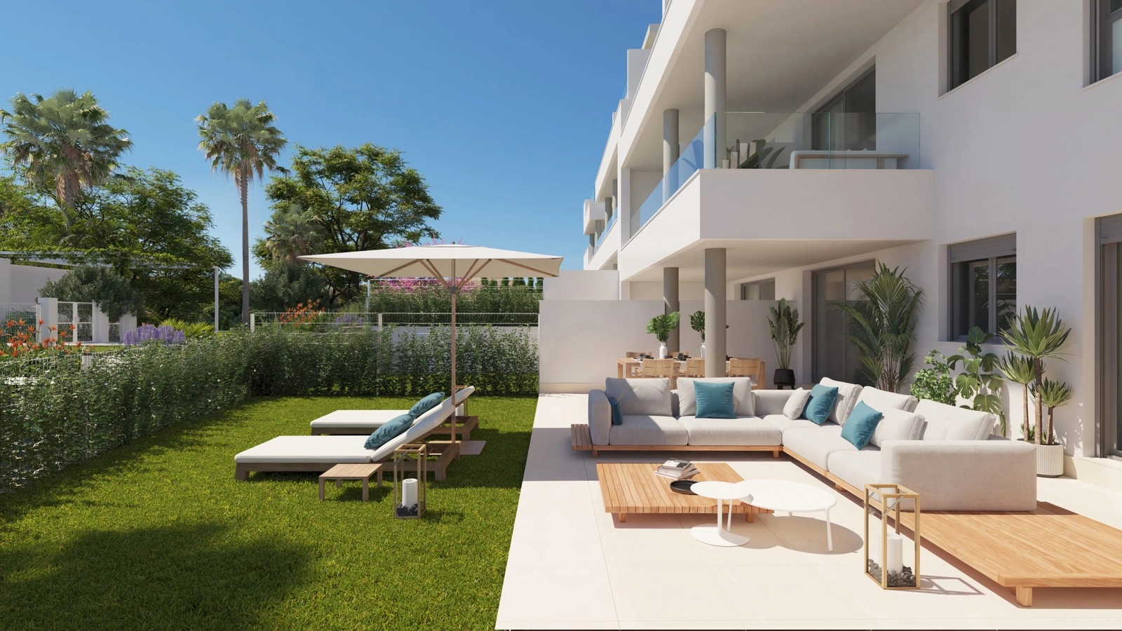 Eine großzügige Erdgeschoss-Terrasse und ein Garten, die Ihren Wohnraum nach draußen erweitern.