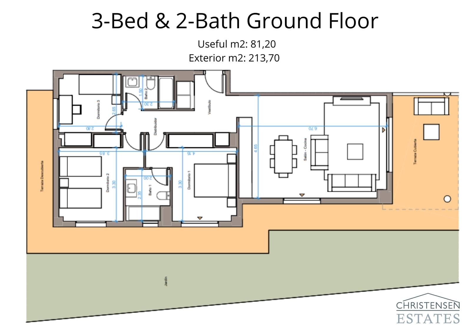 Ein geräumiger Dreizimmer-Erdgeschoss-Grundriss mit einer großen Terrasse und privatem Gartenbereich.