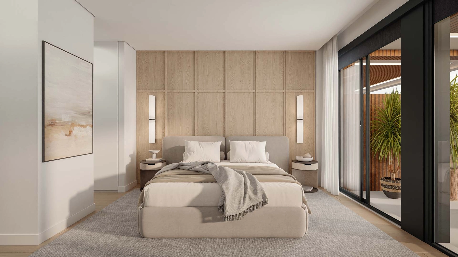 Das Hauptschlafzimmer bietet einen ruhigen Rückzugsort mit elegantem Design und direktem Zugang zur Terrasse.