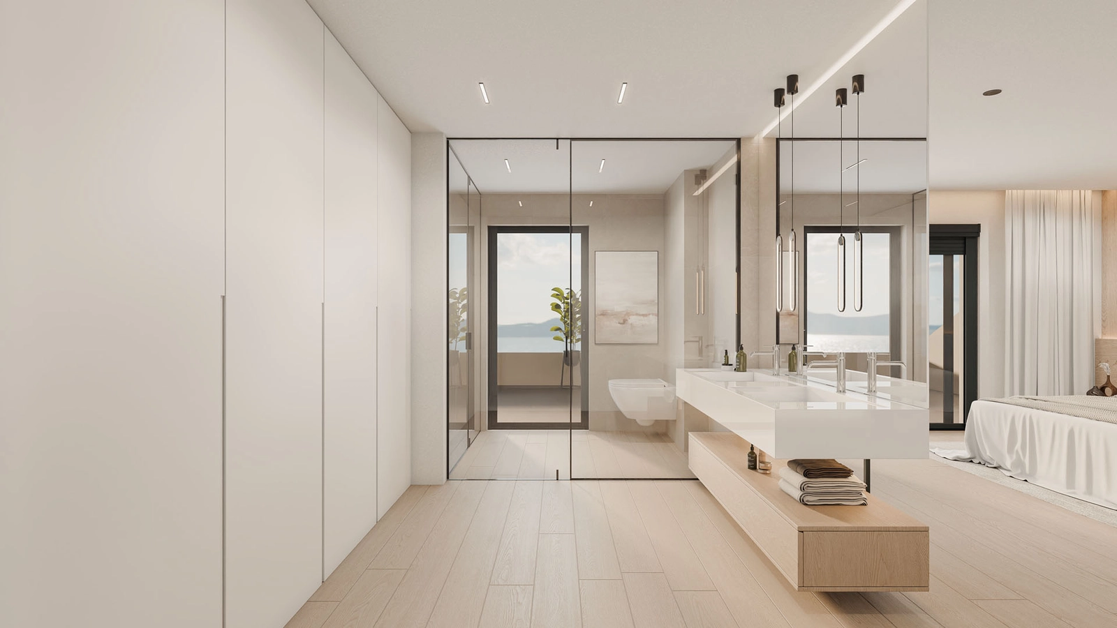 Ein luxuriöses en-suite Badezimmer, in dem klare Linien und natürliches Licht eine Spa-ähnliche Atmosphäre schaffen.