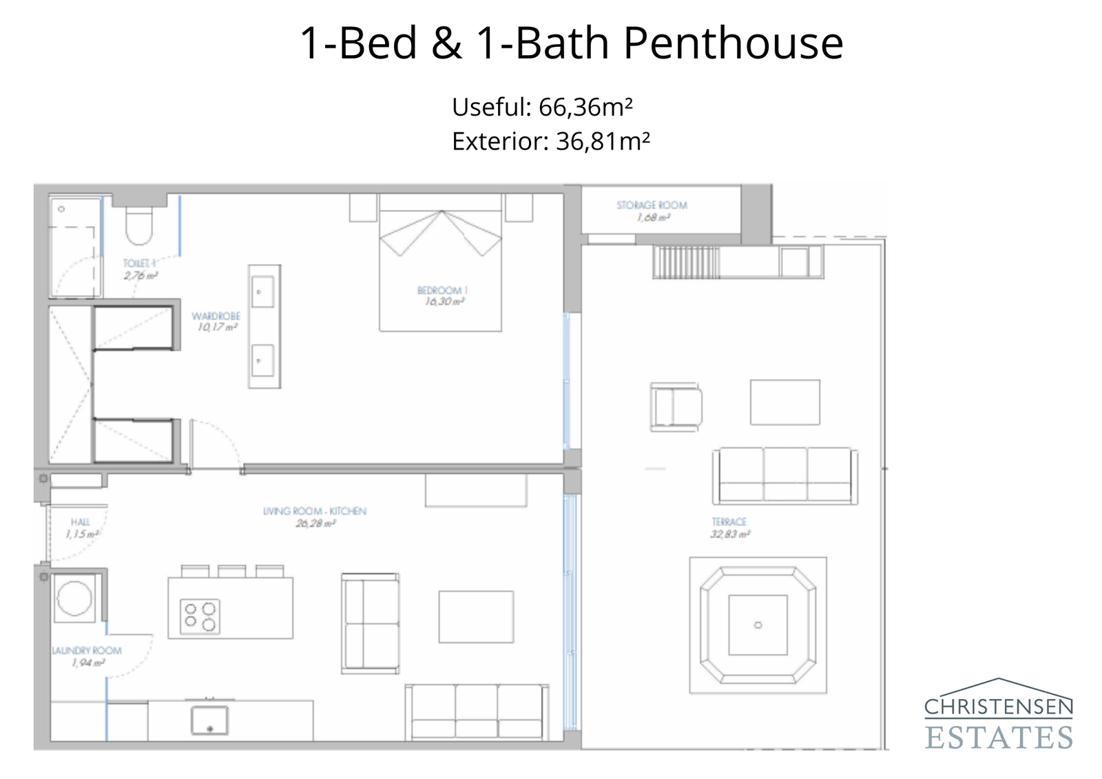 Dieser Grundriss einer 1-Zimmer-Dachgeschosswohnung bietet eine intelligente Raumnutzung, die den Wohnbereich mit einer großen Terrasse mit privatem Jacuzzi verbindet.