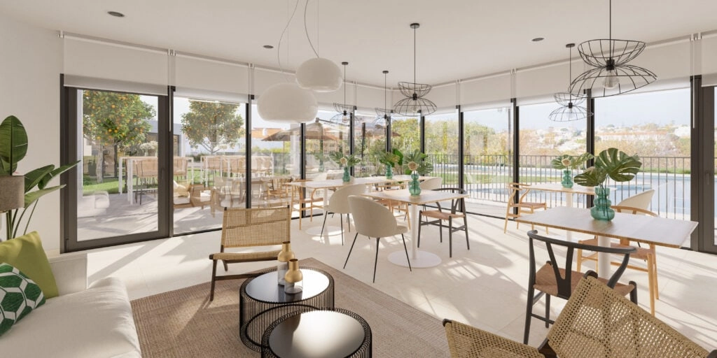 Die Social-Gourmet-Lounge ist ein eleganter und komfortabler Ort, an dem sich Bewohner treffen, arbeiten oder mit Freunden und Familie feiern können.