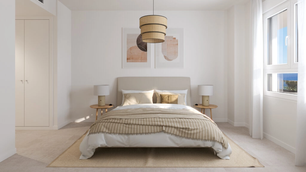 Das ruhige Hauptschlafzimmer bietet einen friedlichen Rückzugsort mit viel Tageslicht.