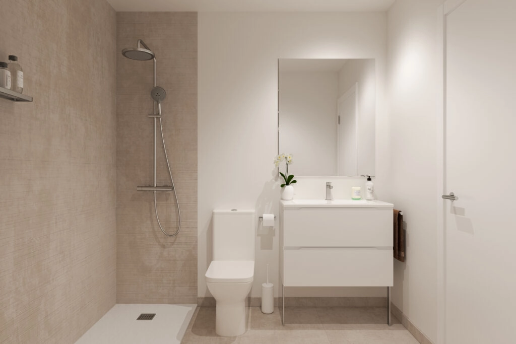 Ein stilvolles und modernes Badezimmer mit hochwertigen Armaturen und einem klaren, minimalistischen Design.