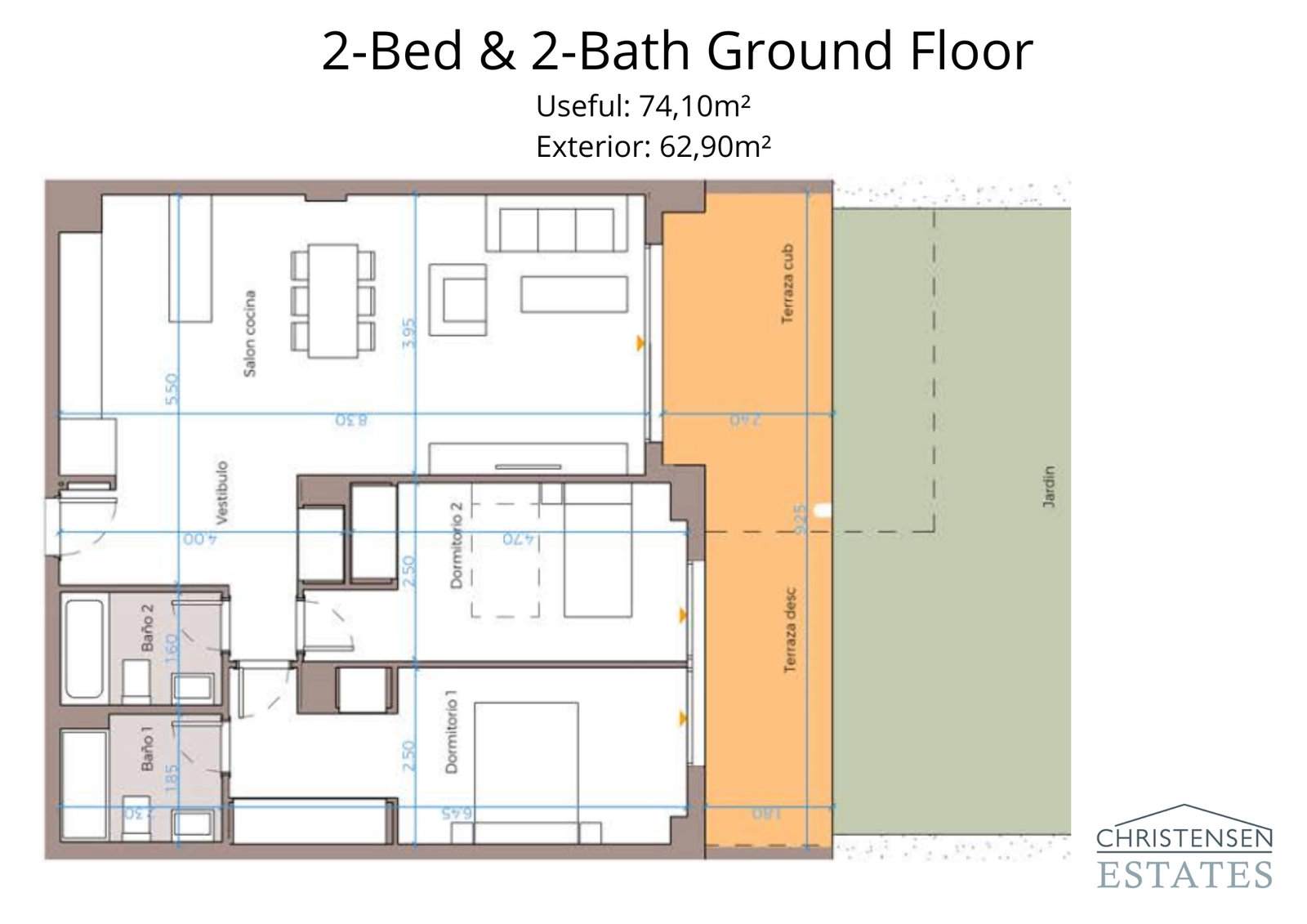 Dieser Grundriss einer Zweizimmer-Erdgeschosswohnung zeigt ein intelligentes Design, das Raum und Licht maximiert und den Wohnbereich mit einer großzügigen Terrasse und einem privaten Garten für ein nahtloses Wohnen im Freien verbindet.