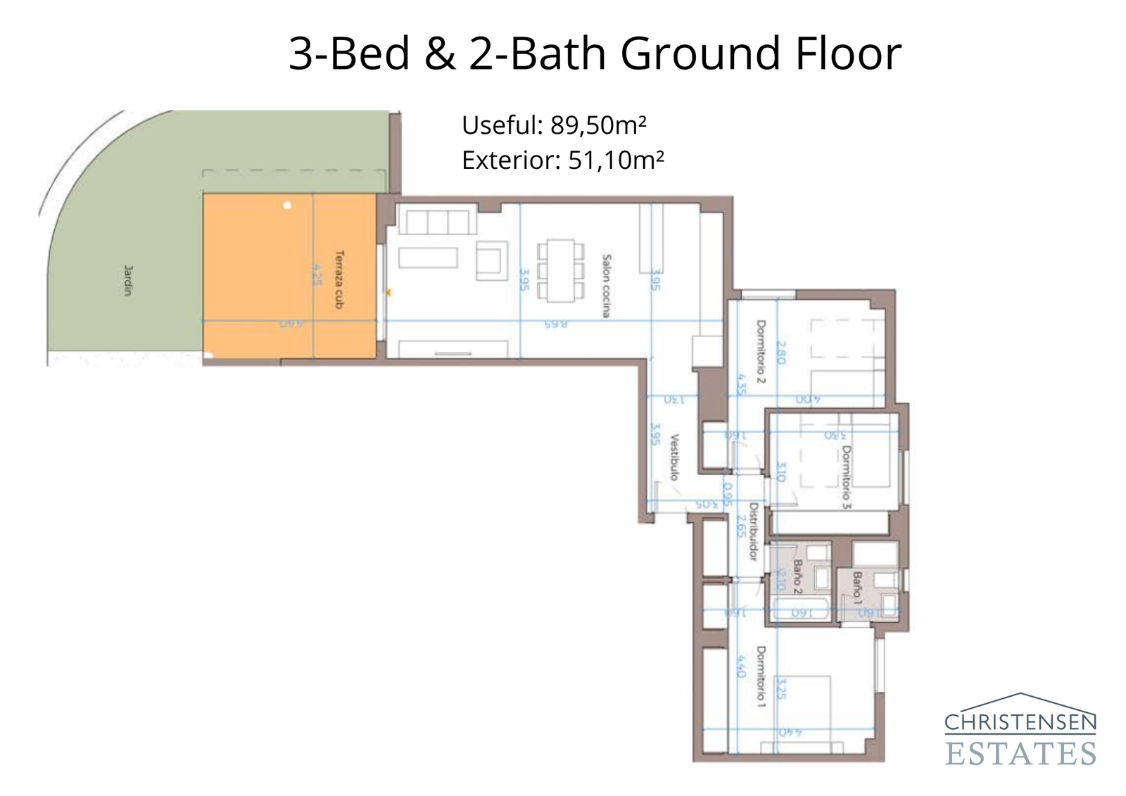 Der Grundriss der Dreizimmer-Erdgeschosswohnung verfügt über einen weitläufigen, offenen Wohn- und Küchenbereich mit direktem Zugang zu einem privaten Garten, ideal für Familien und zur Unterhaltung.