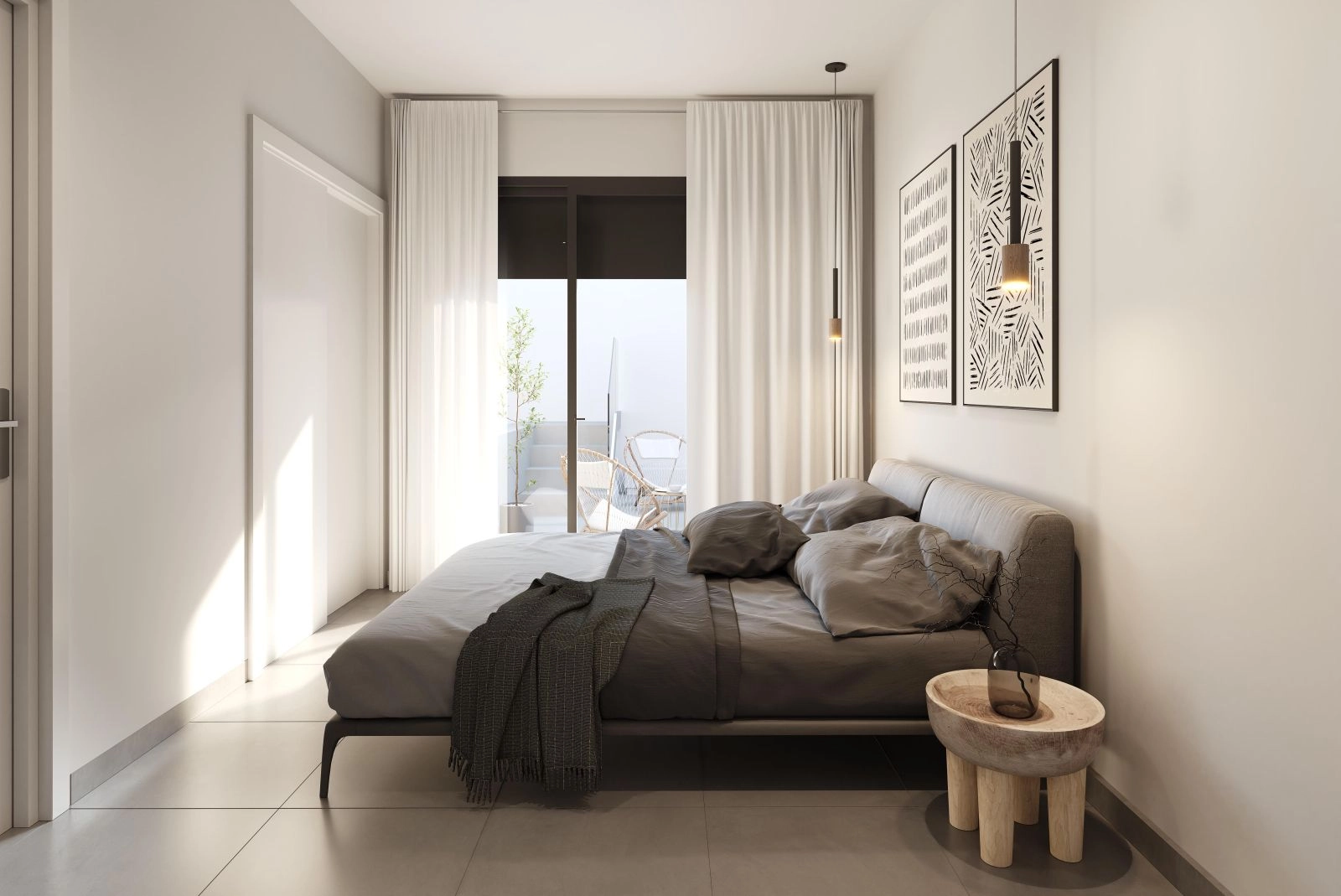 Das Hauptschlafzimmer bietet einen ruhigen Rückzugsort mit direktem Zugang zu einem privaten Außenbereich.