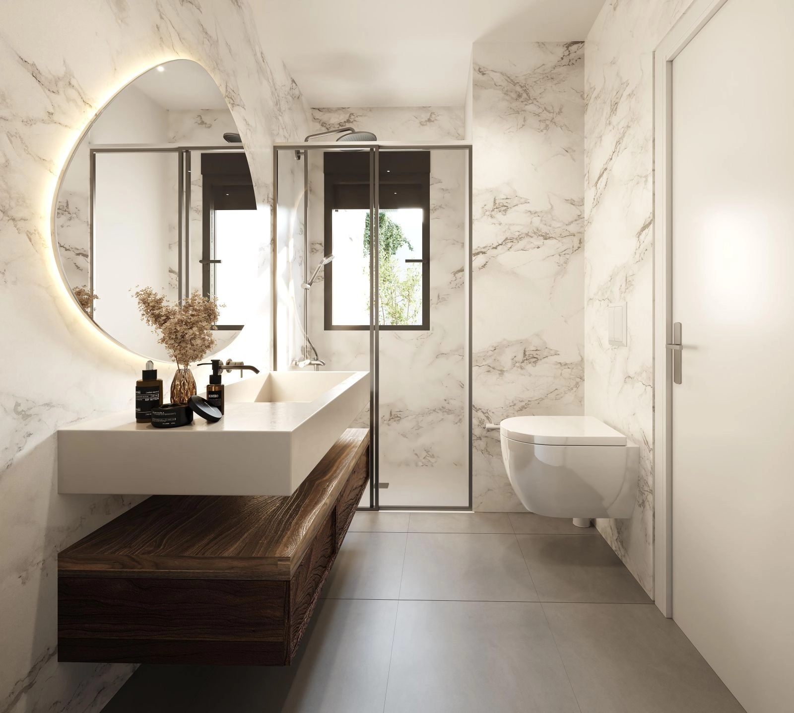 Ein stilvolles und modernes Badezimmer mit hochwertigen Materialien und Oberflächen.