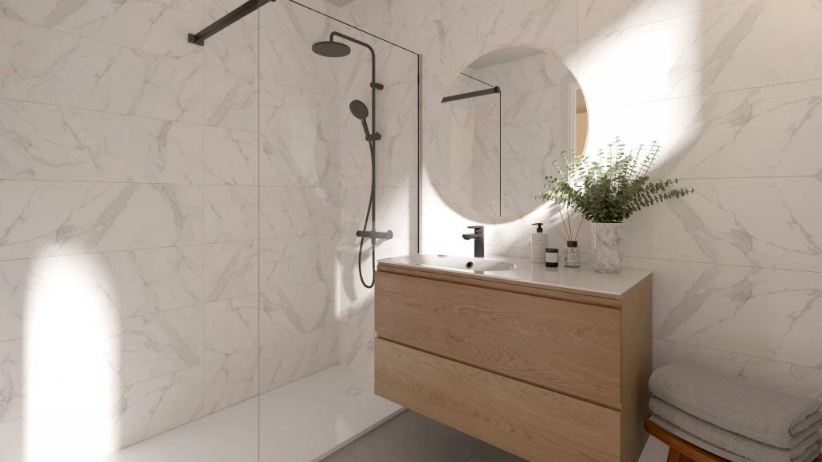 Moderne Badezimmer mit hochwertigen Materialien und modernem Design für ein Spa-ähnliches Erlebnis.