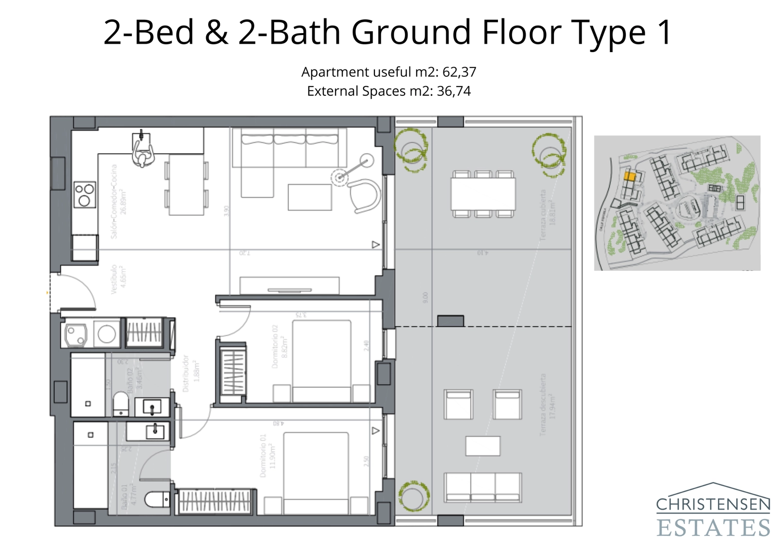 Eine gut konzipierte Erdgeschoss-Wohnung mit zwei Schlafzimmern und einer großzügigen Terrasse, die den Wohnraum ins Freie erweitert.