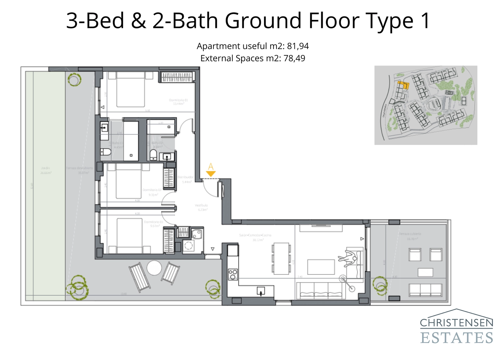 Dieses geräumige Erdgeschoss-Layout mit drei Schlafzimmern umfasst einen privaten Garten und eine große überdachte Terrasse, ideal für das Familienleben.