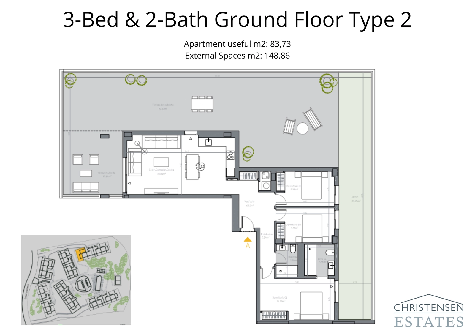Eine weitläufige Erdgeschoss-Wohnung mit drei Schlafzimmern und einer beeindruckenden umlaufenden Terrasse und Gartenfläche.
