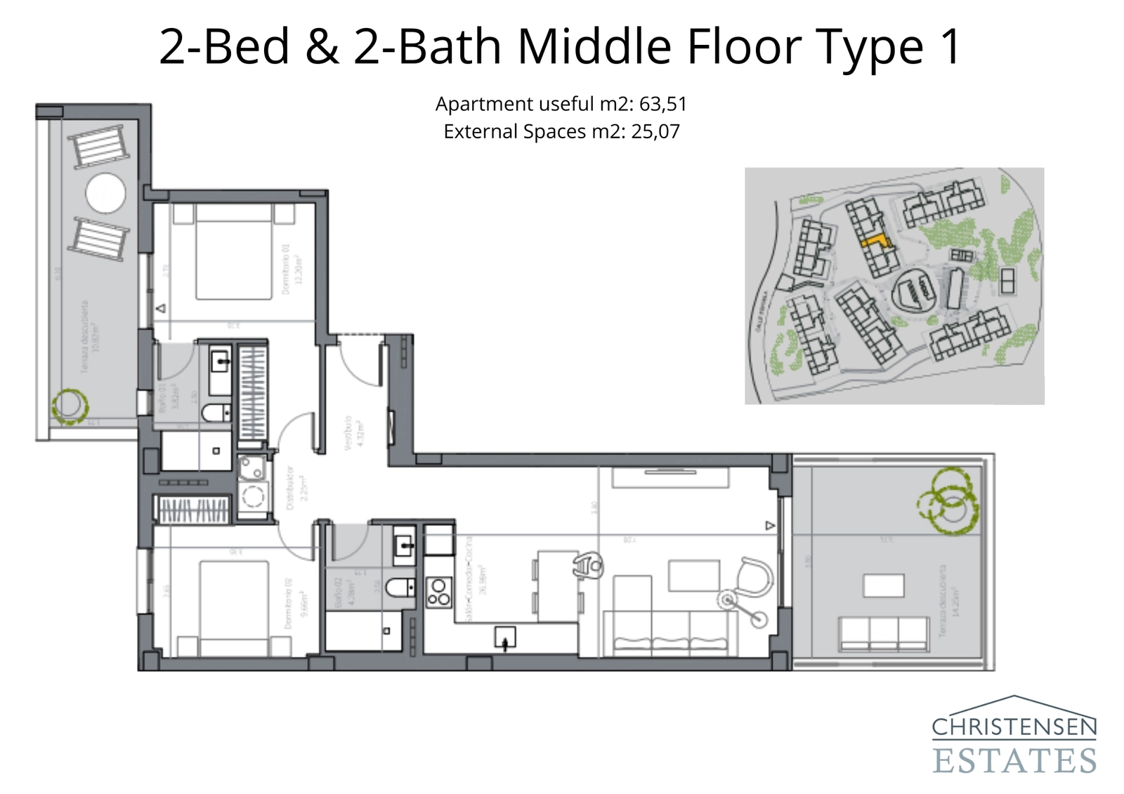 Ein effizientes Zwei-Schlafzimmer-Layout für eine Wohnung im mittleren Stockwerk, komplett mit einer privaten Terrasse, um die Aussicht zu genießen.