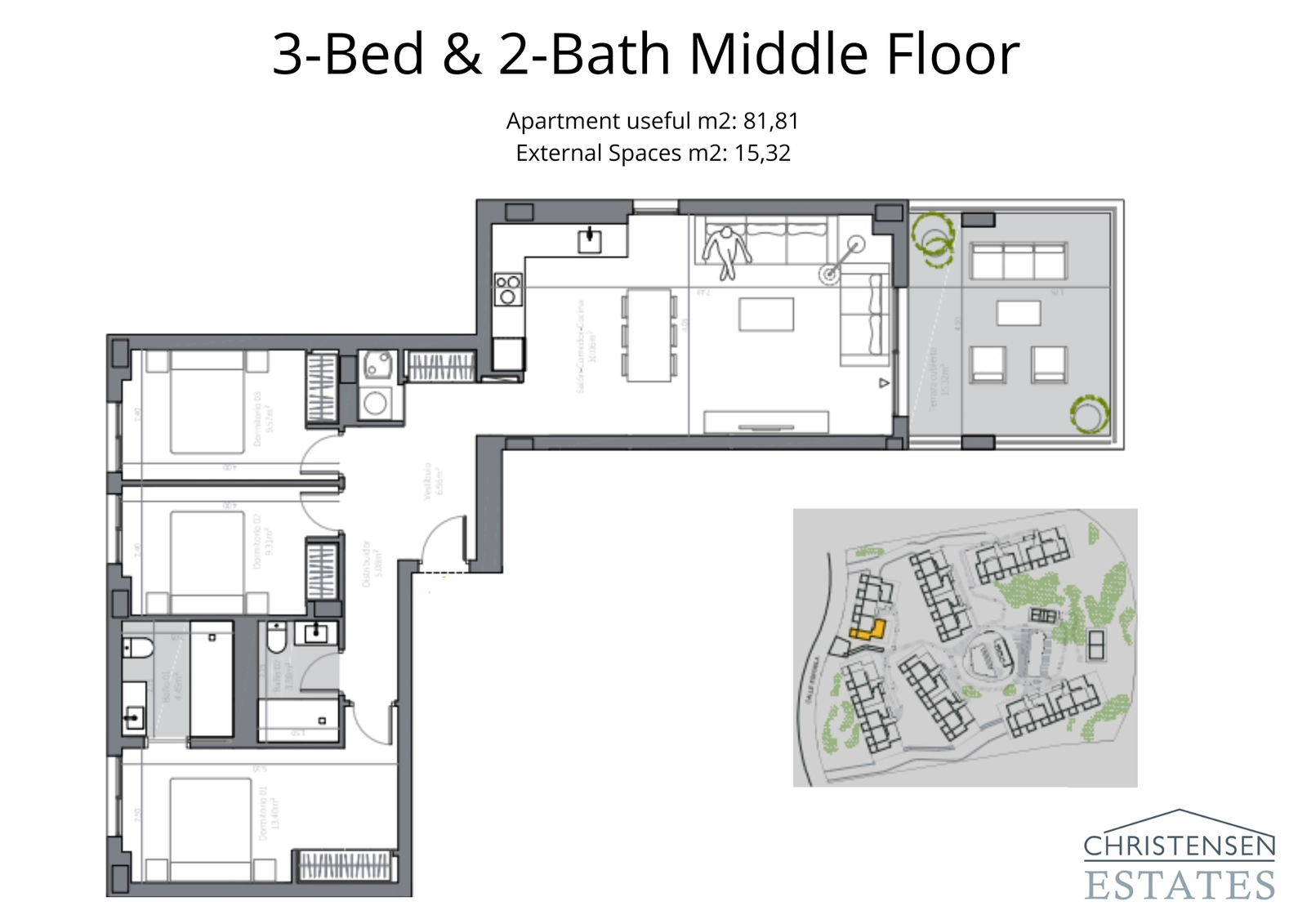 Eine Drei-Schlafzimmer-Residenz im mittleren Stockwerk mit einem praktischen Grundriss, der die Schlafbereiche vom Hauptwohnbereich für mehr Privatsphäre trennt.