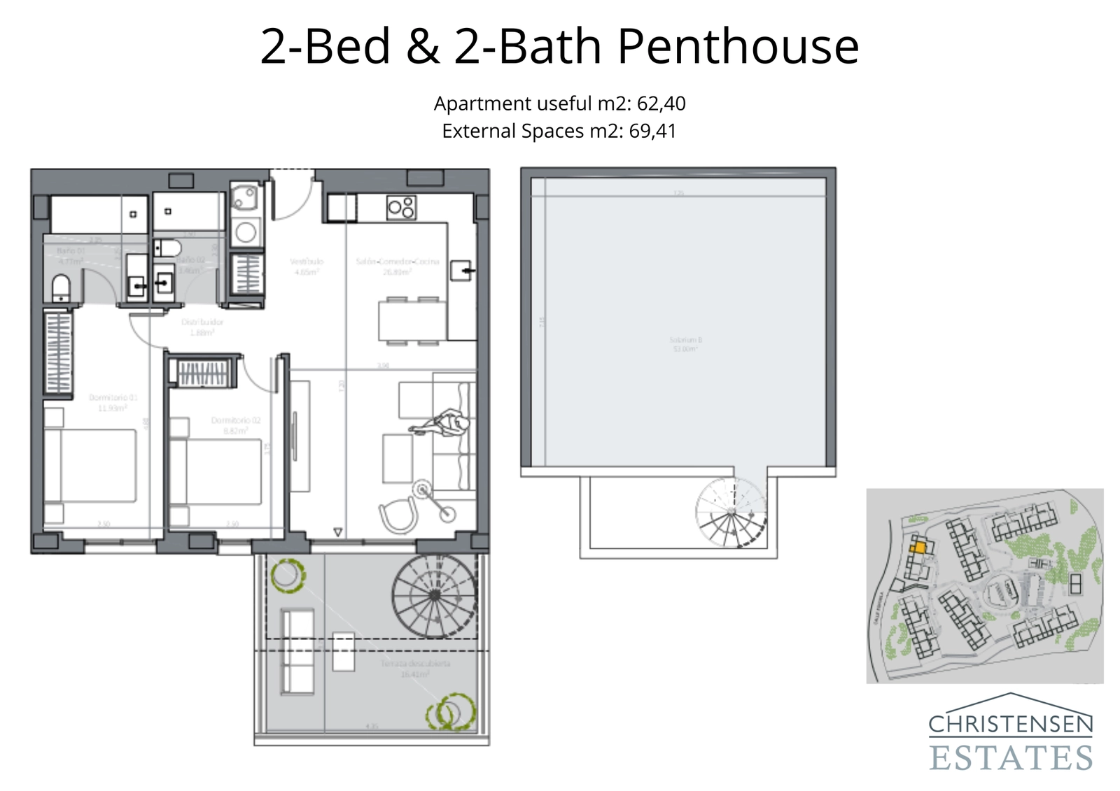 Exklusives Dachgeschoss-Design mit zwei Schlafzimmern, einer großen Terrasse und einer privaten Wendeltreppe, die zu einem herrlichen Dachsolarium führt.