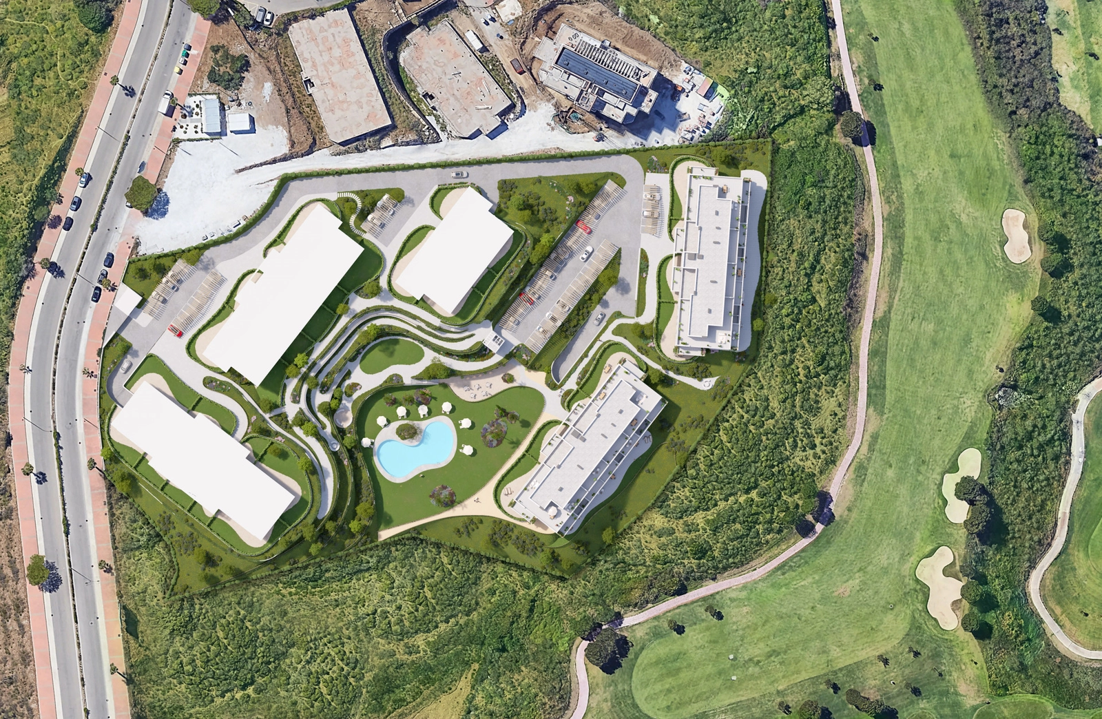 Eine Luftaufnahme des Anlagenlayouts, perfekt integriert in den Calanova Golfplatz an der Costa del Sol.