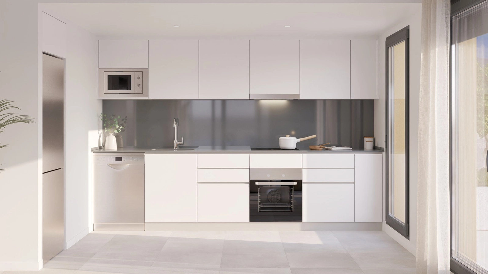 Die voll ausgestattete Küche besticht durch ein elegantes, minimalistisches Design mit hochwertigen Geräten.