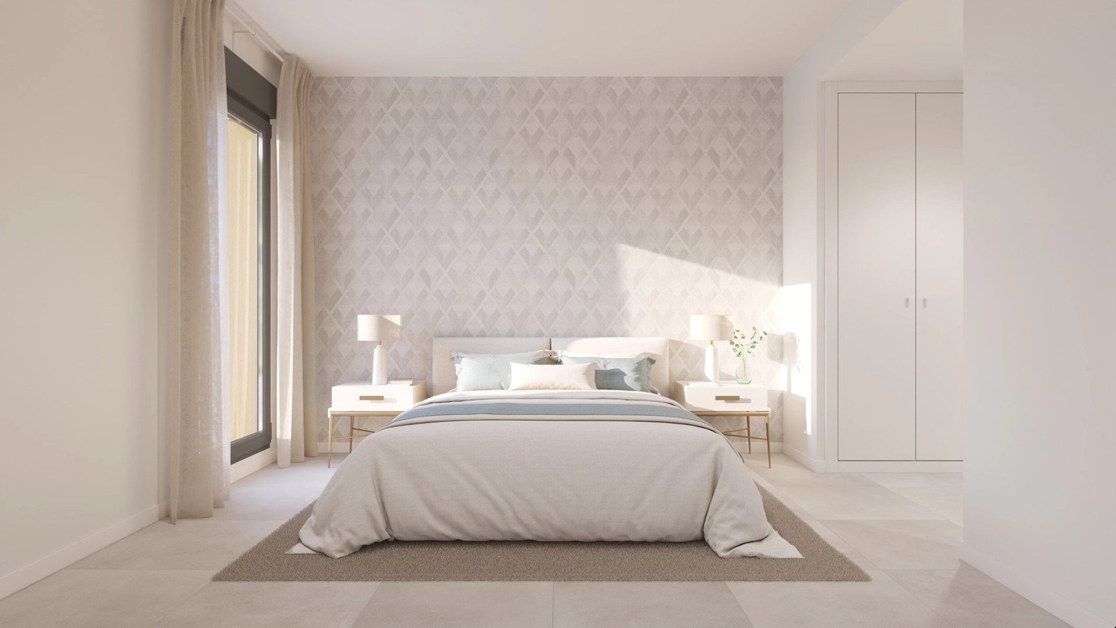 Ein ruhiges Hauptschlafzimmer, gefüllt mit natürlichem Licht, das einen friedlichen Rückzugsort bietet.