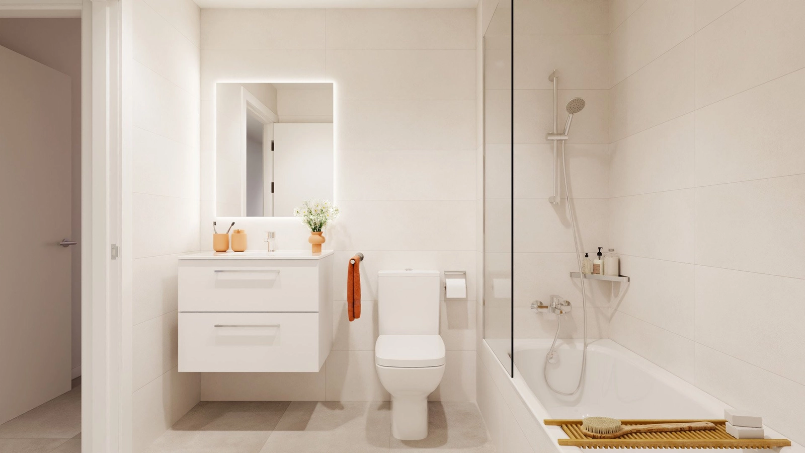 Ein modernes Badezimmer mit klaren Linien, hochwertigen Armaturen und einer Badewanne in Standardgröße.