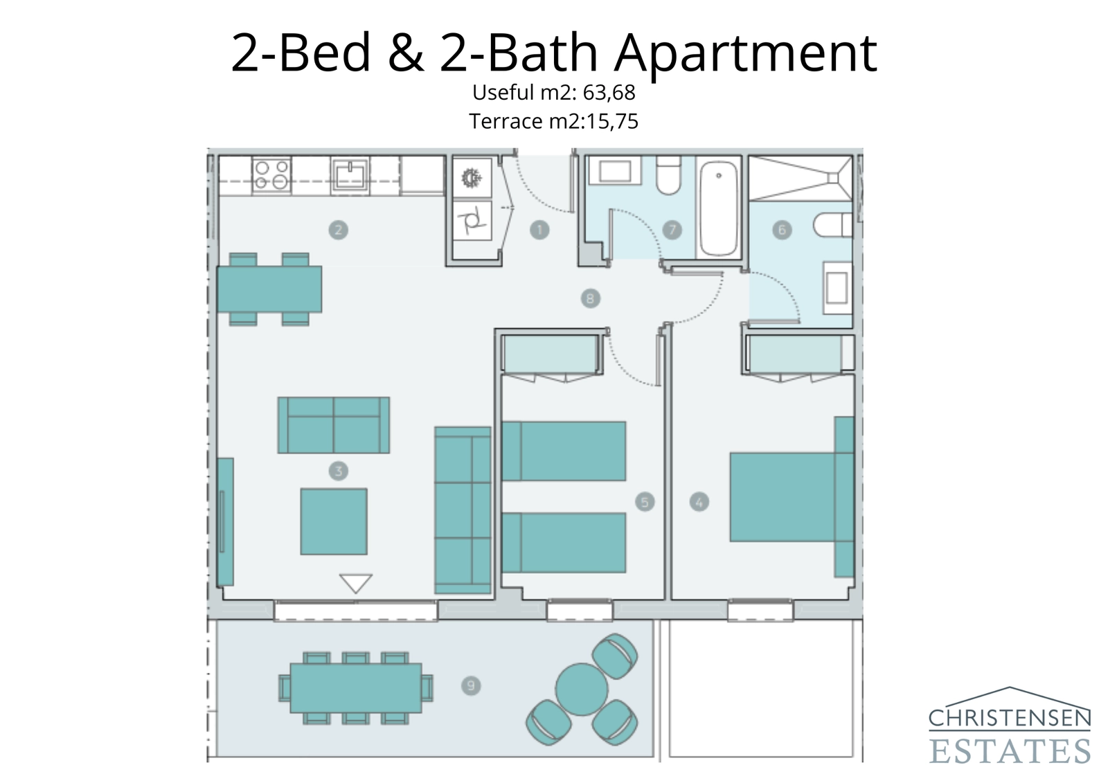 Dieser Grundriss der Zweizimmerwohnung zeichnet sich durch ein intelligentes Design aus, das Raum und Licht maximiert, mit einem offenen Wohnbereich, der auf eine großzügige Terrasse führt.
