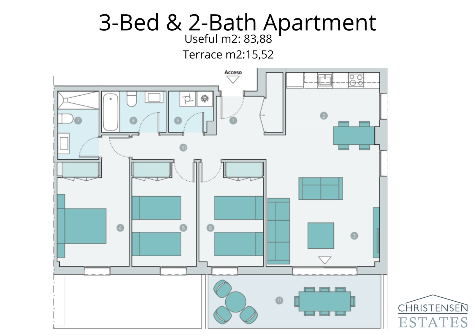 Der Grundriss der Dreizimmerwohnung bietet reichlich Platz für Familien, mit einer klaren Trennung zwischen Wohn- und Schlafbereichen für mehr Privatsphäre und Komfort.