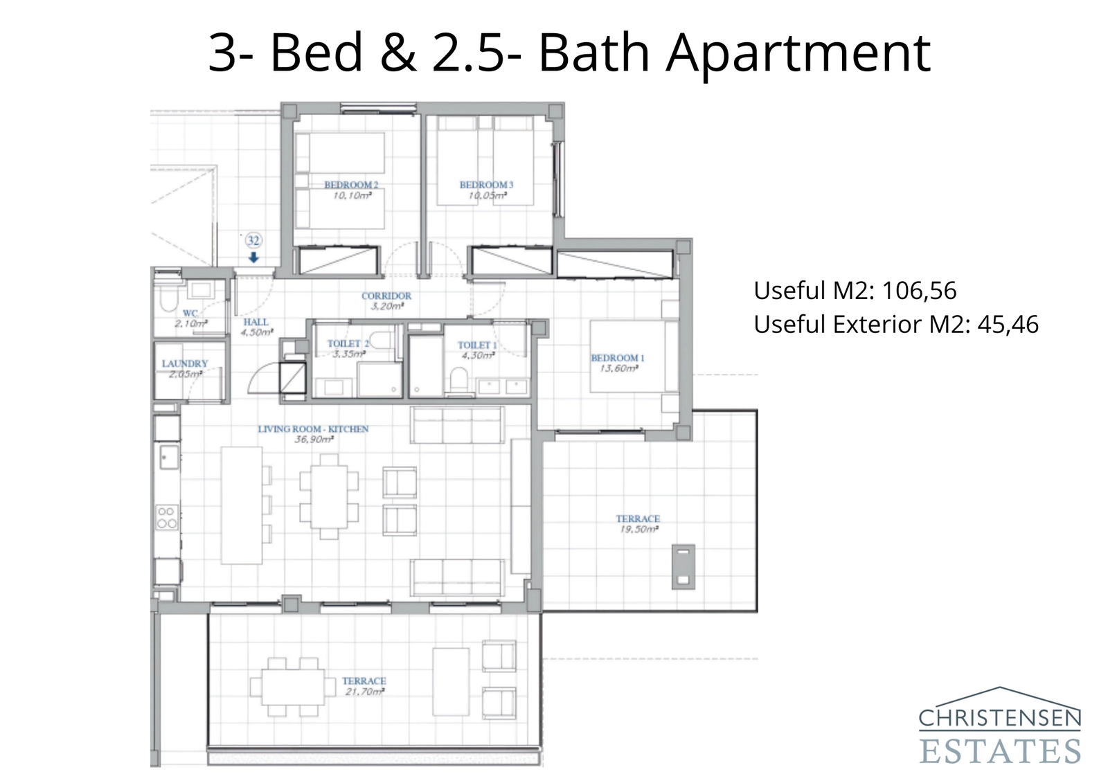 Der Grundriss mit drei Schlafzimmern bietet viel Platz für Familien, mit einer cleveren Trennung zwischen Wohn- und Schlafbereichen für mehr Privatsphäre.