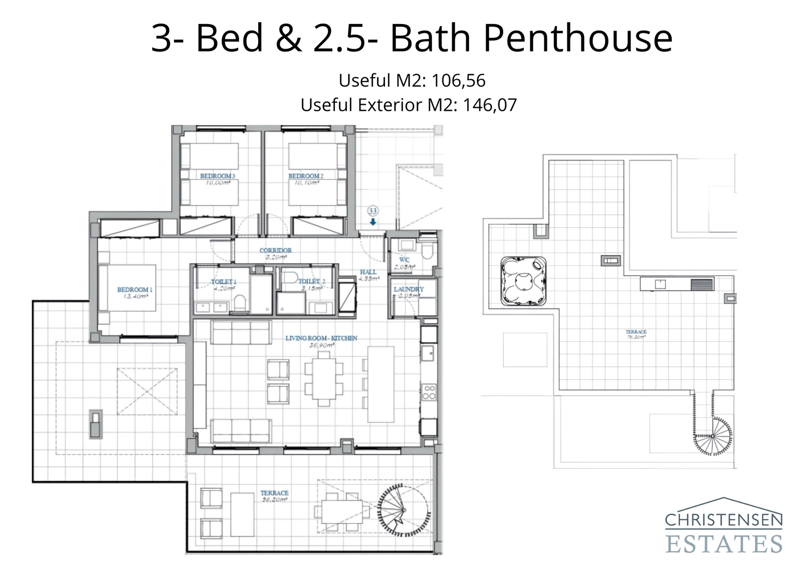 Dieser geräumige Grundriss einer Dachgeschosswohnung mit drei Schlafzimmern maximiert den Komfort und umfasst eine riesige private Dachterrasse für unvergleichliches Wohnen im Freien.
