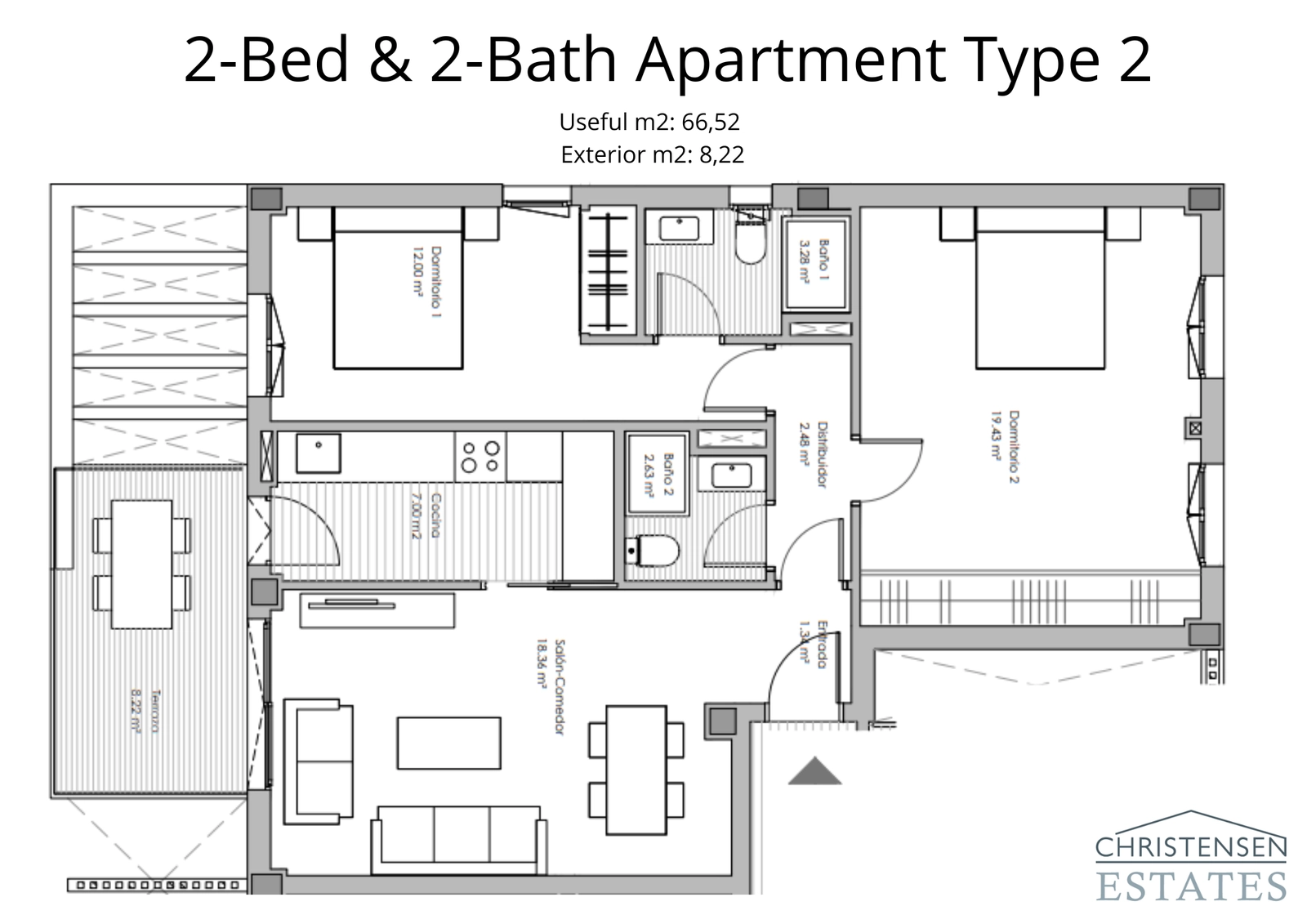 Diese Wohnung mit zwei Schlafzimmern bietet eine andere Konfiguration mit einem großen zweiten Schlafzimmer, ideal für Familien oder Gäste.