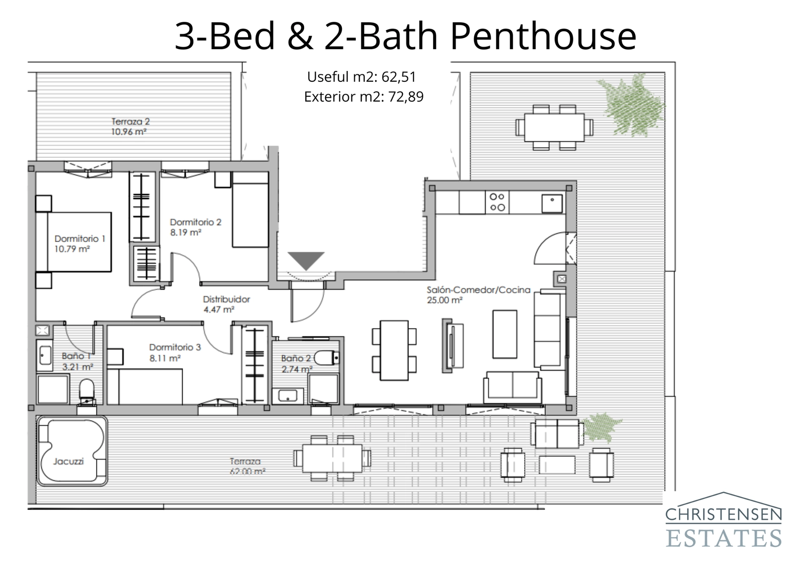 Der exklusive Grundriss der Dachgeschosswohnung mit drei Schlafzimmern bietet mehrere Terrassen und großzügigen Wohnraum für einen gehobenen Lebensstil.